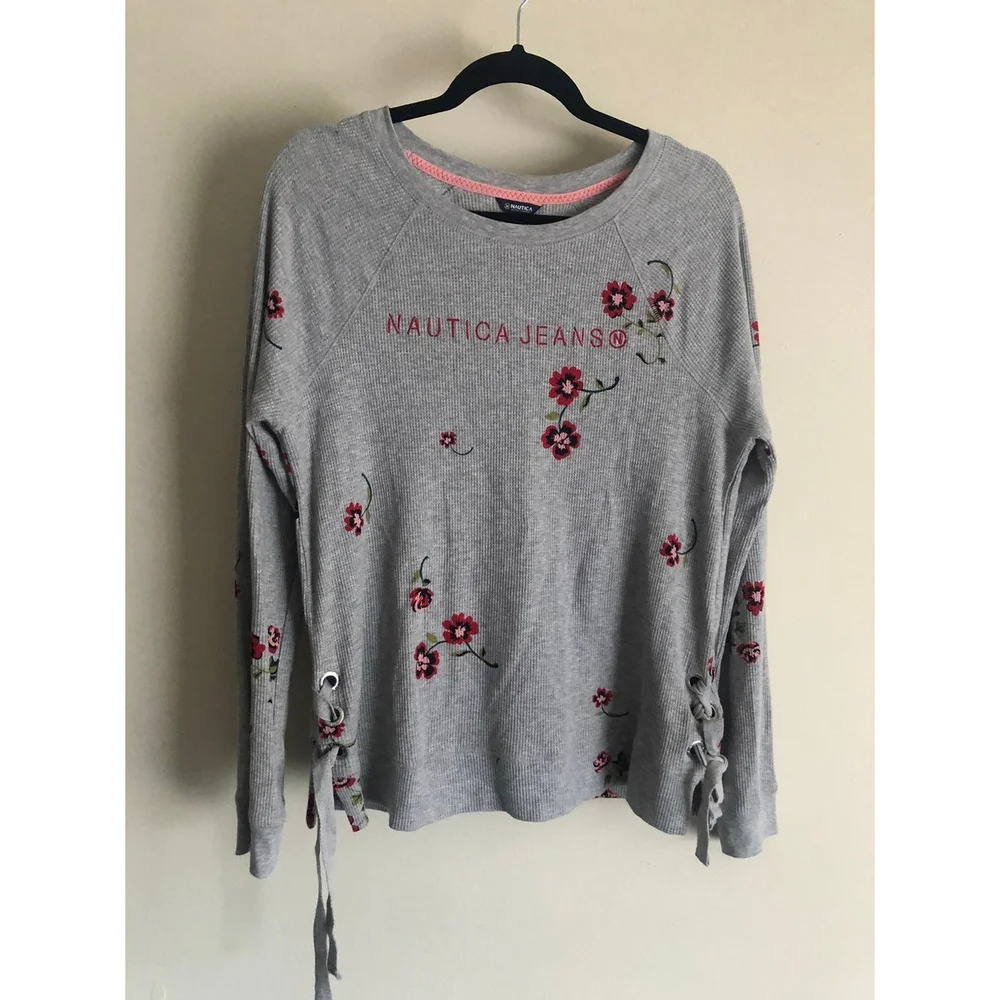 NAUTICA FLORAL LONG SLEEVE T-SHIRT Red Flower All Over Print Grey size L
